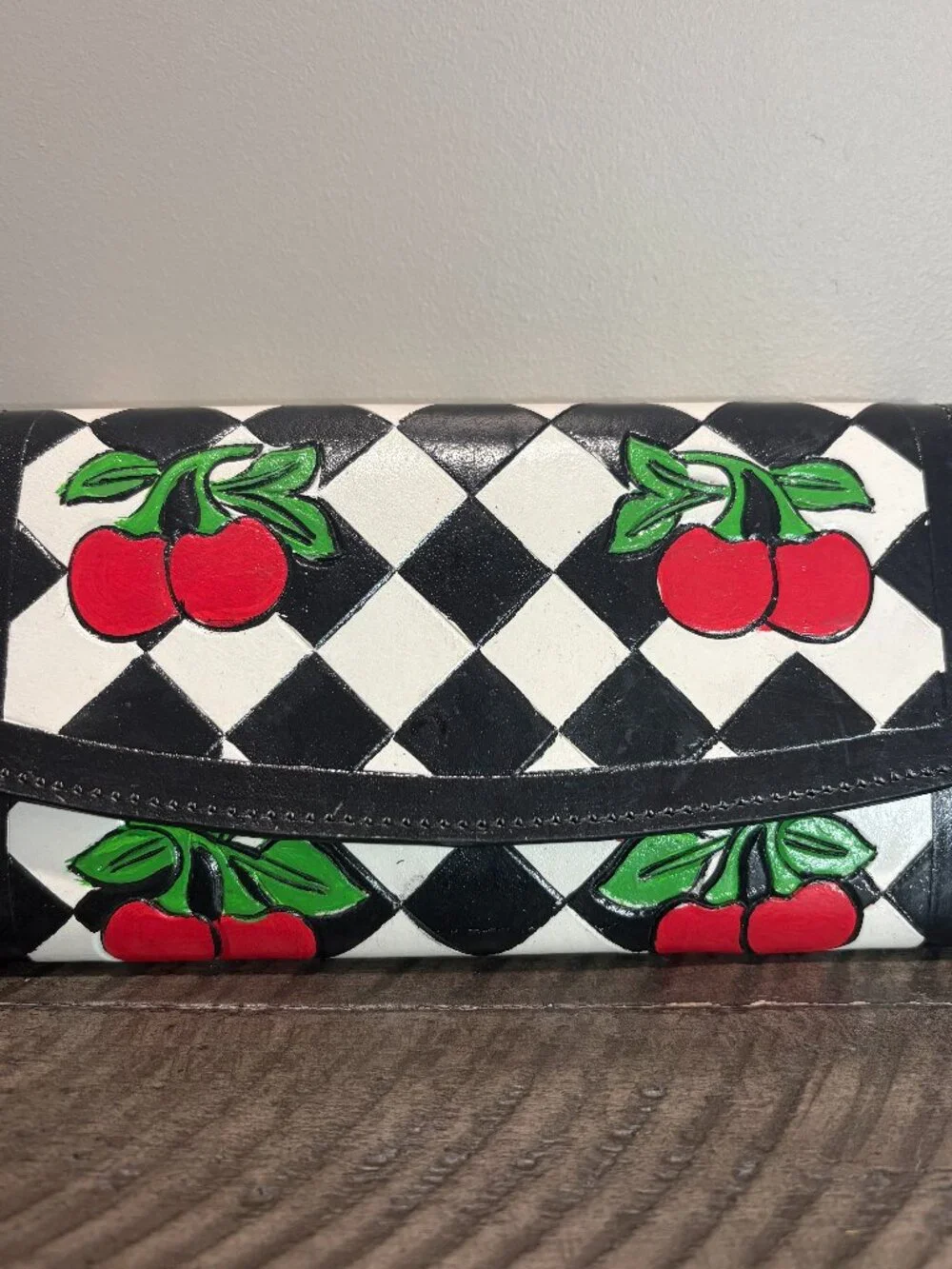 Handcrafted Hand Painted Leather Cherry Wallet Black White Checkered